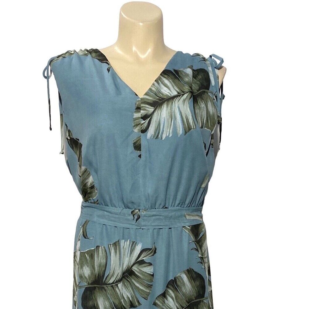 NWT Lane Bryant Dress 26 Dusty Blue Green Midi Drawstring Tropical Leaves Belt - Picture 2 of 8